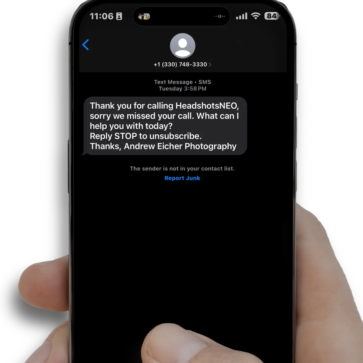 Screenshot showing an automated text message sent after a missed call, demonstrating Lead Lock 360's missed call text-back feature
